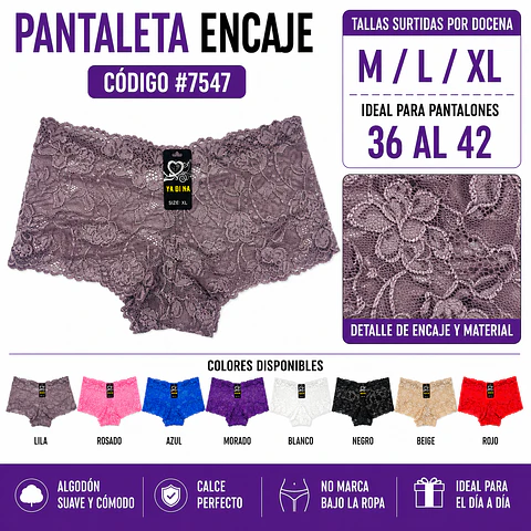 Pantaleta con encajes tallas y colores surtidas la docena 