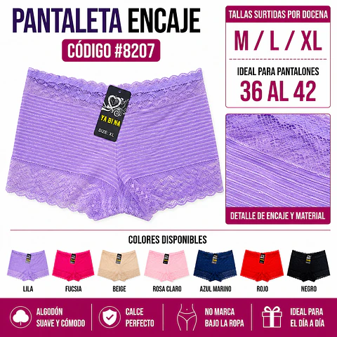 Pantaleta con encajes tallas y colores surtidas la docena 