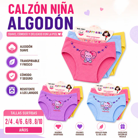 Calzón niña algodón tallas y colores surtidas la docena 