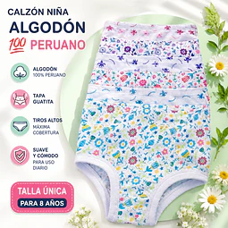 Calzón niña tapa guatita algodón💯 peruano talla única para 8 años y colores surtidas la docena 