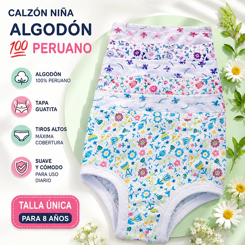 Calzón niña tapa guatita algodón💯 peruano talla única para 8 años y colores surtidas la docena 