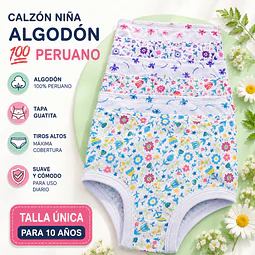Calzón niña tapa guatita algodón💯 peruano talla única para 10 años y colores surtidas la docena