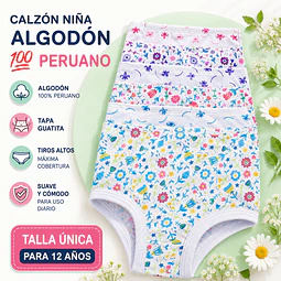 Calzón niña tapa guatita algodón💯 peruano talla única para 12 años y colores surtidas la docena