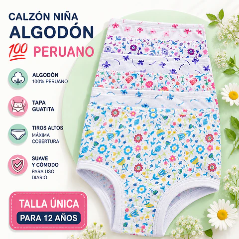 Calzón niña tapa guatita algodón💯 peruano talla única para 12 años y colores surtidas la docena