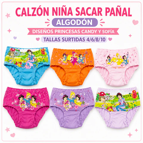 Calzón niña sacar pañal algodón diseños princesas candy y Sofía tallas y colores surtidas la docena 