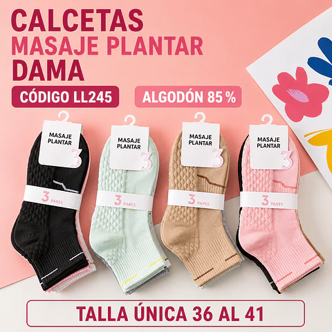Calcetas dama masaje plantar algodón 85% talla única 36 al 41 la docena 