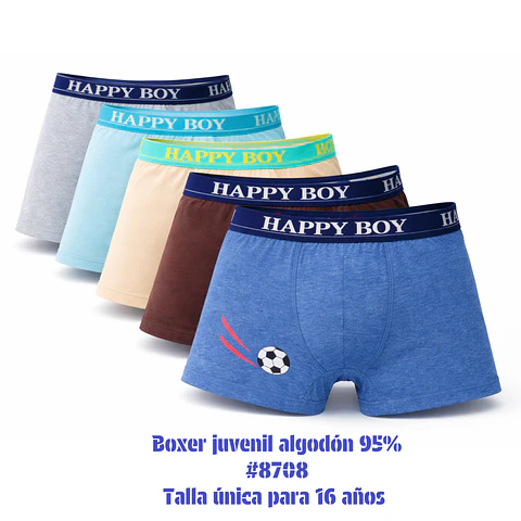 Bóxer juvenil algodón 95% talla única para 16 años y colores surtidas la docena 