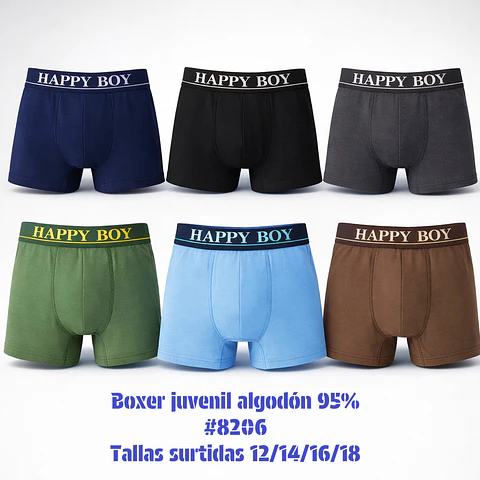 Bóxer juvenil algodón 95% tallas 12/14/16/18  y colores surtidas la docena 