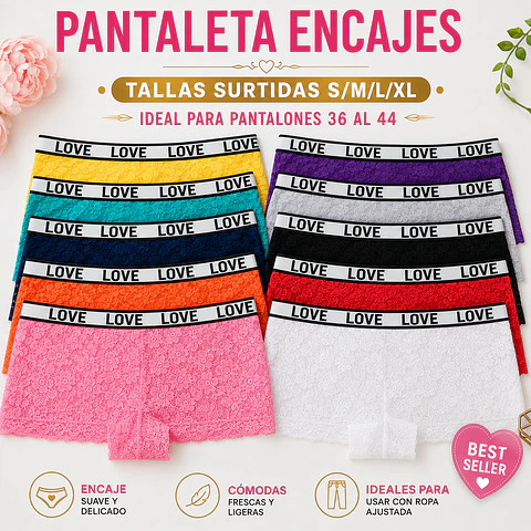 Pantaleta con encajes tallas y colores surtidas la docena 