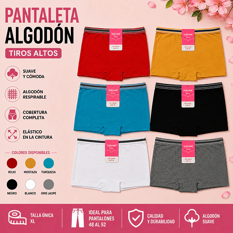 Pantaleta algodón talla única XL tamaño especial y colores surtidas la docena 