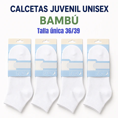 Calcetas bambú juvenil unisex color blanco talla única 36/39 la docena 