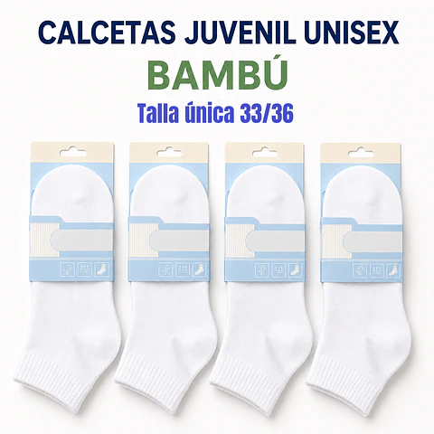 Calcetas bambú juvenil unisex color blanco talla única 33/36 la docena 