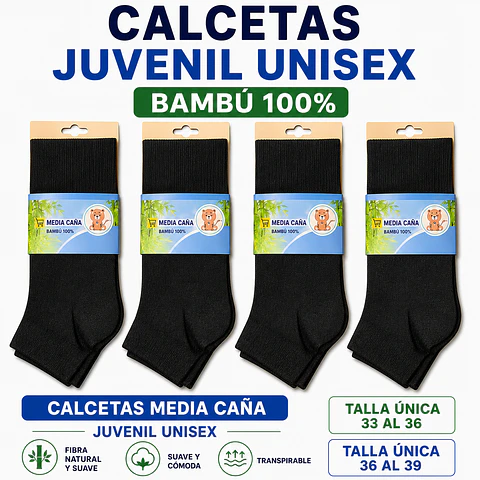 Calcetas bambú juvenil unisex color negro talla única 33/36 la docena 