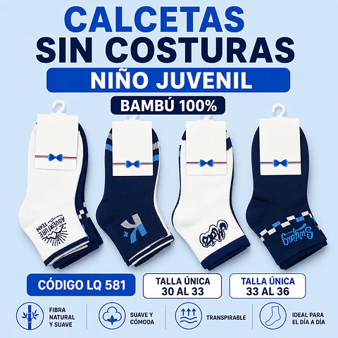Calcetas bambú juvenil niño talla única 33/36 la docena 