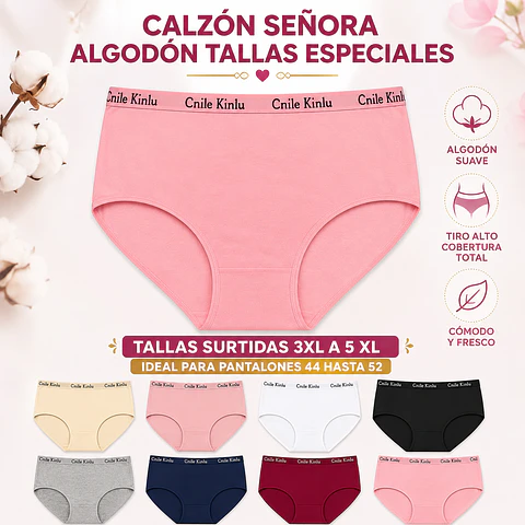 Calzon señora algodon tallas especiales 3 XL al 5 XL ideal para pantalón 44 al 52 la docena 