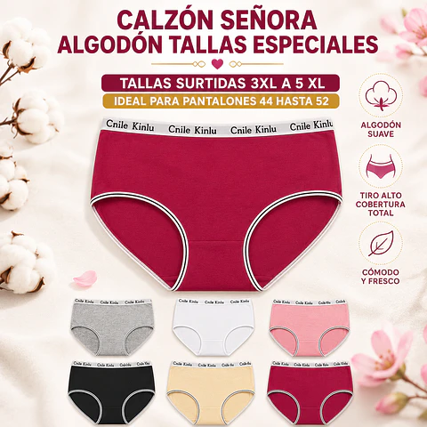 Calzon señora algodon tallas especiales 3 XL al 5 XL ideal para pantalón 44 al 52 la docena 