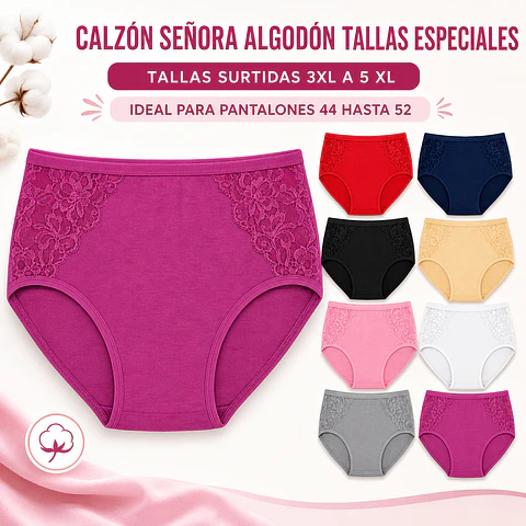 Calzon señora algodon tallas especiales 3 XL al 5 XL ideal para pantalón 44 al 52 la docena 