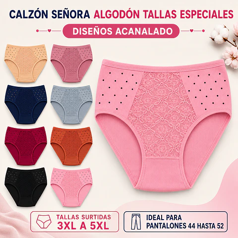 Calzon señora algodon tallas especiales 3 XL al 5 XL ideal para pantalón 44 al 52 la docena 