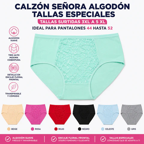 Calzon señora algodon tallas especiales 3 XL al 5 XL ideal para pantalón 44 al 52 la docena 