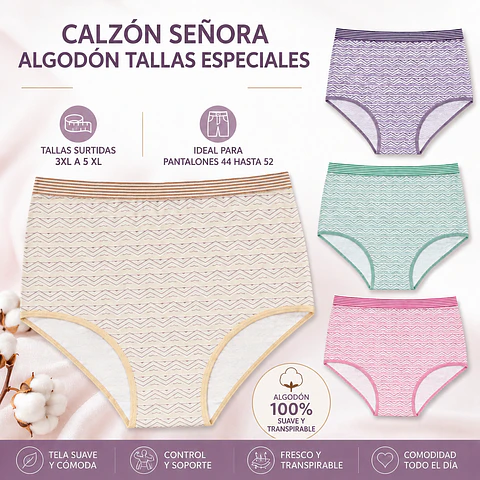 Calzon señora algodon tallas especiales 3 XL al 5 XL ideal para pantalón 44 al 52 la docena 