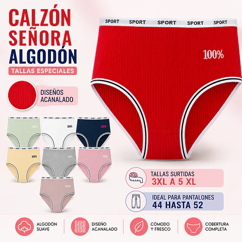 Calzon señora algodon tallas especiales 3 XL al 5 XL ideal para pantalón 44 al 52 la docena 