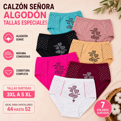 Calzon señora algodon tallas especiales 3 XL al 5 XL ideal para pantalón 44 al 52 la docena 