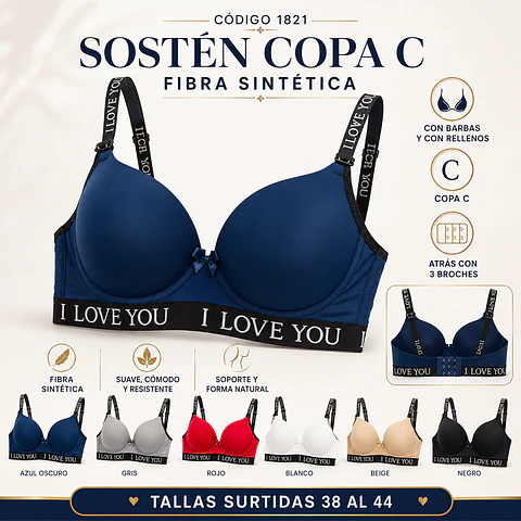 Sostén copa C con barbas y con rellenos tallas y colores surtidas la docena 
