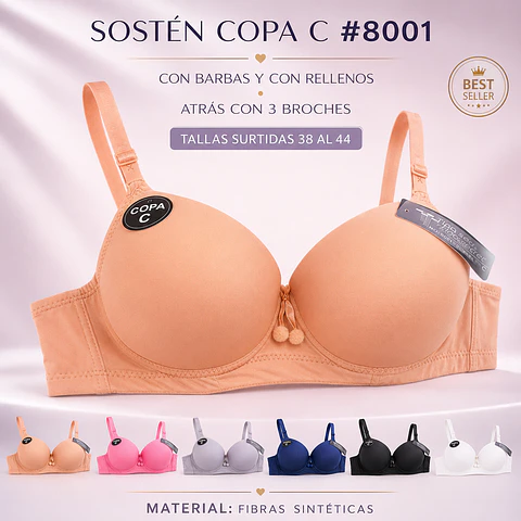 Sostén copa C con barbas y con rellenos tallas y colores surtidas la docena 
