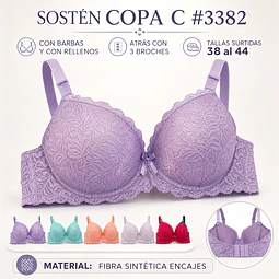 Sostén copa C con barbas y con rellenos tallas y colores surtidas la docena 