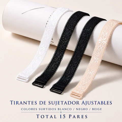Tirantes de sujetador ajustables Colores surtidas blanca/negra/beige Total 15 pares