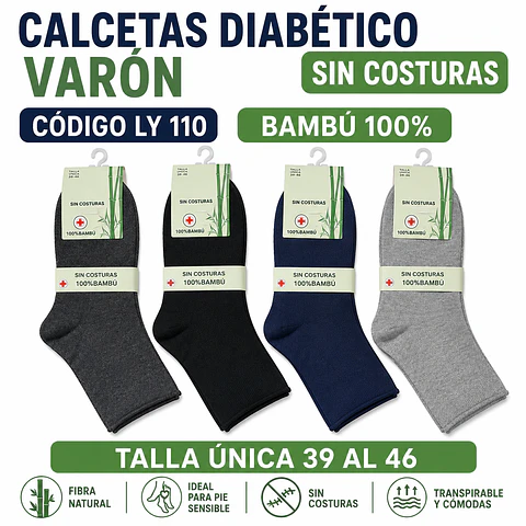Calcetas diabético varón bambú 100% #LY 110 talla única 39 al 45 la docena 