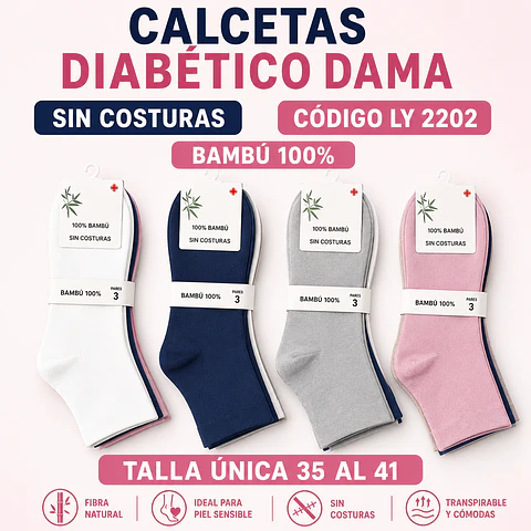 Calcetas diabético dama Bambú 100% #LY 2202 talla única 36 al 41 la docena 