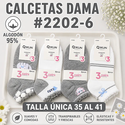Calcetas dama Algodón 95% #2202-6 Talla única 35/41 la docena 