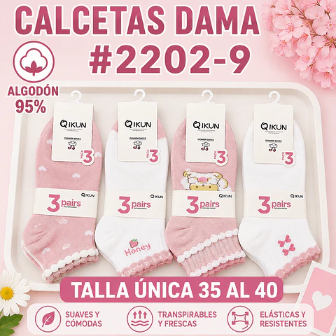 Calcetas dama Algodón 95% #2202-9 Talla única 35/41 la docena