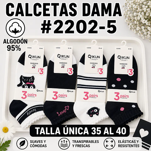 Calcetas dama Algodón 95% #2202-5 Talla única 35/41 la docena