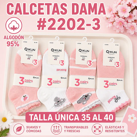 Calcetas dama Algodón 95% #2202-3 Talla única 35/41 la docena