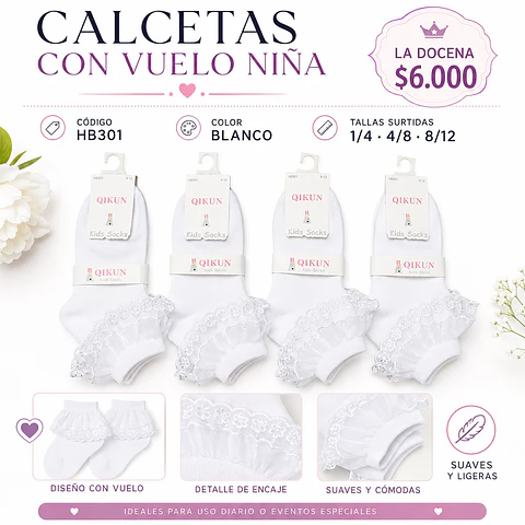 Calcetas con vuelo HB 301 color blanco y tallas surtidas la docena 