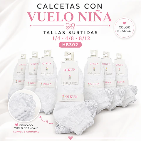 Calcetas con vuelo HB 302 color blanco y tallas surtidas la docena 