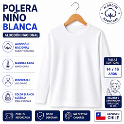 Poleras algodón Nacional juvenil unisex blanco tallas surtidas 14 y 16 años la docena 