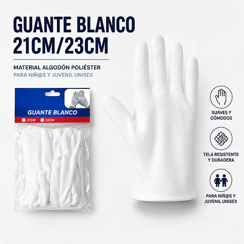 Guantes blanco medias 21 a 23 cms para niñ@s juvenil unisex la docena 