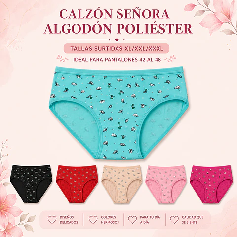 Calzon señora algodón poliéster tallas y colores surtidas la docena 