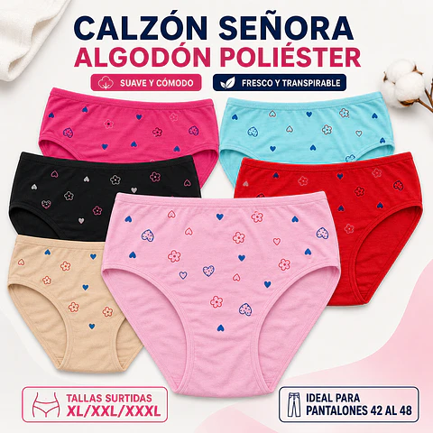 Calzon señora algodón poliéster tallas y colores surtidas la docena 