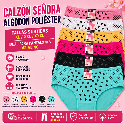 Calzon señora algodón poliéster tallas y colores surtidas la docena 
