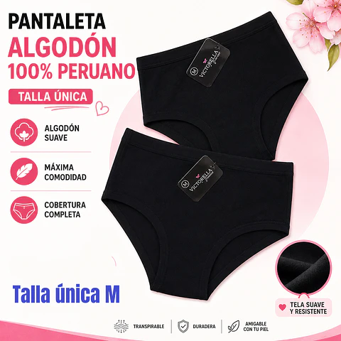 Pantaleta algodón 💯 peruano color Negro talla única M la docena 