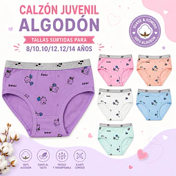 Calzón juvenil algodón tallas y colores surtidas la docena 