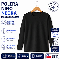 Poleras algodón Nacional niñ@s unisex Negro tallas surtidas 2/4/6/8/10/12 años la docena