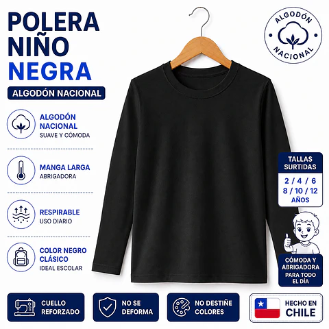 Poleras algodón Nacional niñ@s unisex Negro tallas surtidas 2/4/6/8/10/12 años la docena