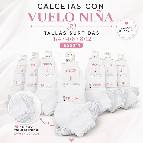 Calcetas con vuelo #SS 311 color blanco y tallas surtidas la docena 