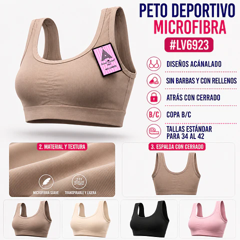 Peto deportivo microfibra con rellenos copa B/C talla estándar y colores surtidas la docena 