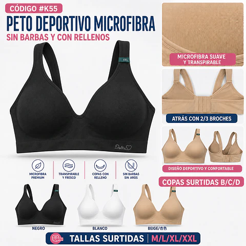 Peto deportivo microfibra copa surtidas  B/C/D y tallas surtidas M/L/XL/XXL y colores surtidas la docena 